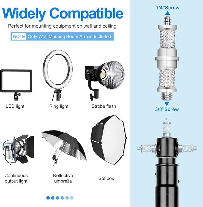 EMART Ring Light Wall Mount Boom Arm, Adjustable 51in/130cm Mounted Overhead - Image 4