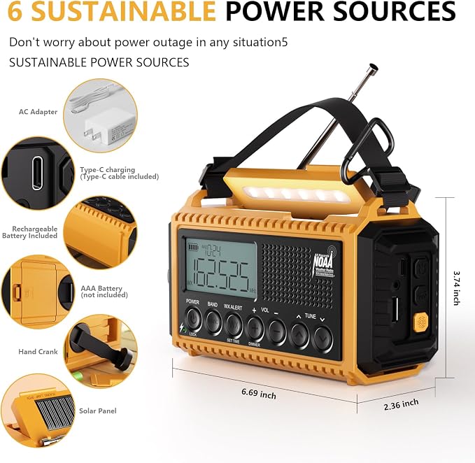 Emergency Radio12000mAh, Weather Radio 6 Ways Powered, Solar Hand Crank Radio - Image 3