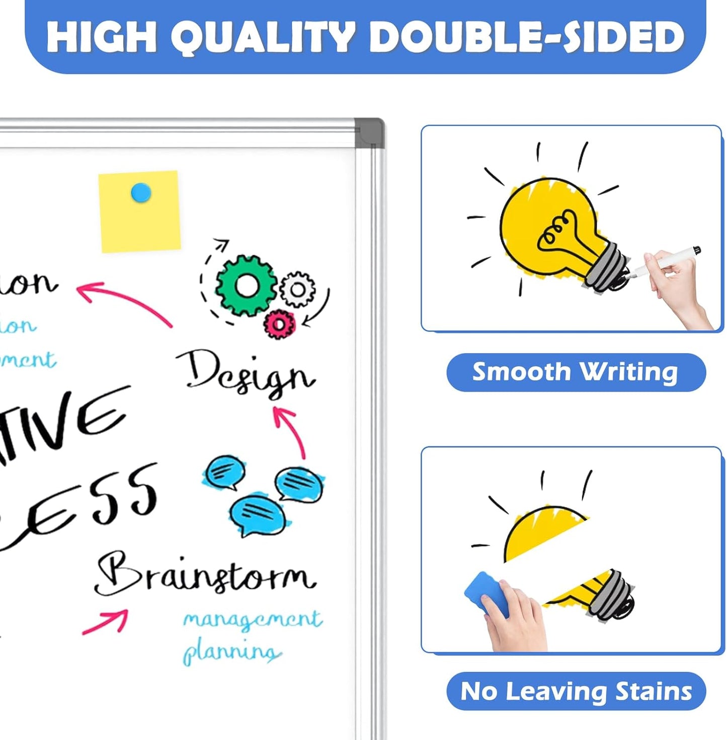 WALGLASS Double-Sided White Board, 24" x 18" Dry Erase Board Magnetic Whiteboard for Wall, Hanging Mounted Whiteboard Silver Aluminium Frame for Home, School, Office, Kitchen