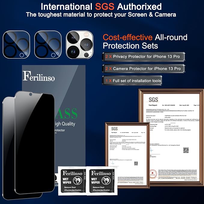 Ferilinso for iPhone 13 Pro Privacy Screen Protector, 2 Pack 9H Anti Spy - Image 2