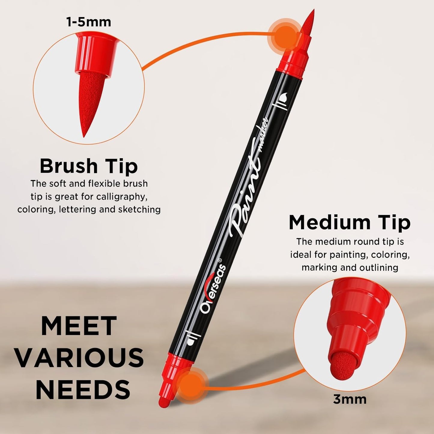 Overseas 24 Dual-Tip Acrylic Paint Markers Pens - Acrylic Paint Pens with Brush and Dot Tip, No Bleeding Coloring Marker for Wood, Rock, Glass, Metal, Ceramic, Plastic, Fabric, Teacher Supplies