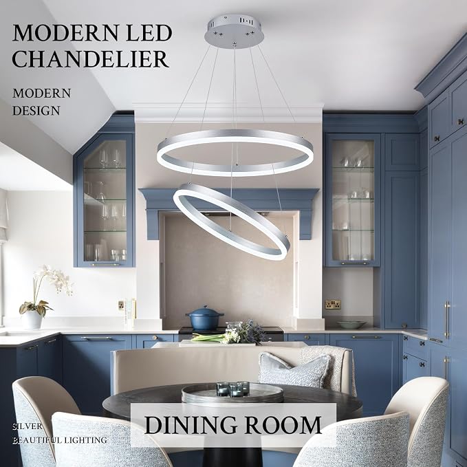 Modern LED Chandelier Silver 2-Rings Pendant Light Circular Flush Mount Ceiling - Image 3