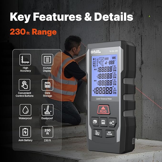 BLACK CANYON Laser Distance Meter, 165/230/330 ft Range - Image 3