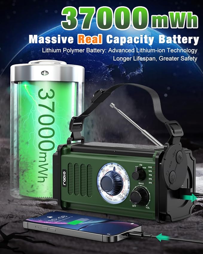 10000mAh/37000mWh Emergency Radio, Solar Radio, Hand Crank Radio, NOAA AM FM - Image 2
