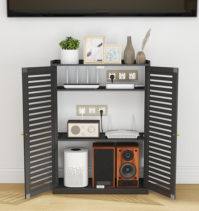 WiFi Router Storage Cabinet, Double Deck Floor Standing Modem Cabinet, Bamboo by WYJREES