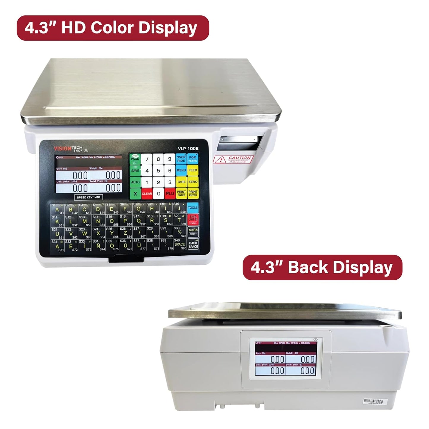VisionTechShop VLP-100B Label Printing Scale, Capacity 30/60lb Readability 0.01/0.02lb, NTEP Legal for Trade, (Chinese Option)
