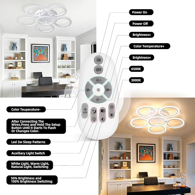 LED Ceiling Light, 6-Ring Modern Flush Mount Fixture, 77W Dimmable 3000K–6500K - Image 6