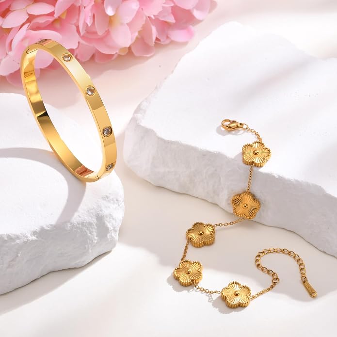 MPRAINBOW Womens Stackable Gold Bracelets Jewelry, 18K Gold Plated Floral - Image 3