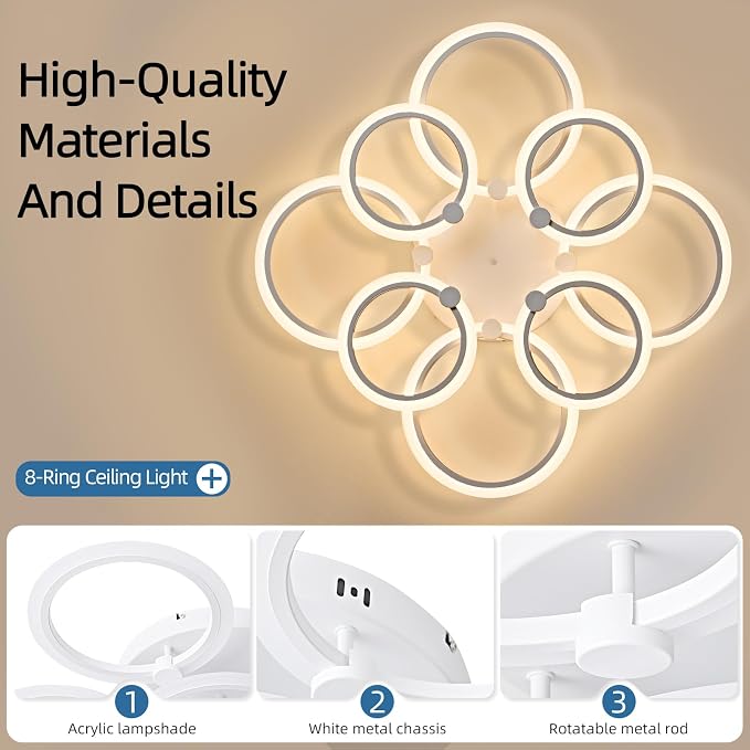 LED Ceiling Light, 8-Ring Modern Flush Mount Fixture, 145W Dimmable 3000K–6500K - Image 3
