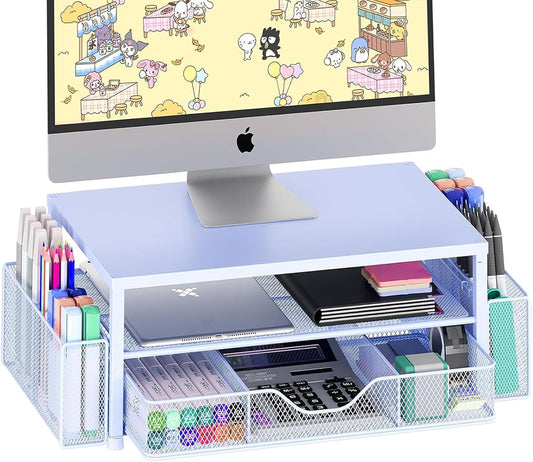 Desk Organizers and Accessories, 2-Tier Computer Monitor Stand Riser with Drawer and 2 Pen Holders, Laptop Stand, Office Desk Accessories for Office Supplies, Blue