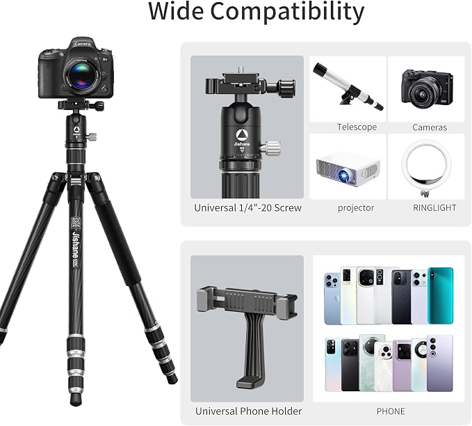 Carbon Fiber Camera Tripod, 1/4" Arca QR Plate, Compact Lightweight Travel - Image 5