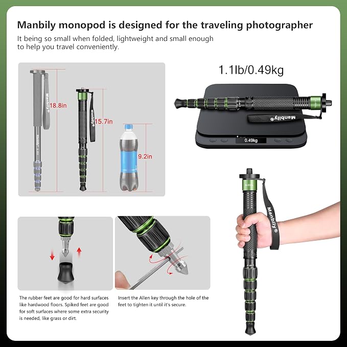Manbily Camera Monopod Aluminum Portable Compact Lightweight Travel Monopod - Image 3