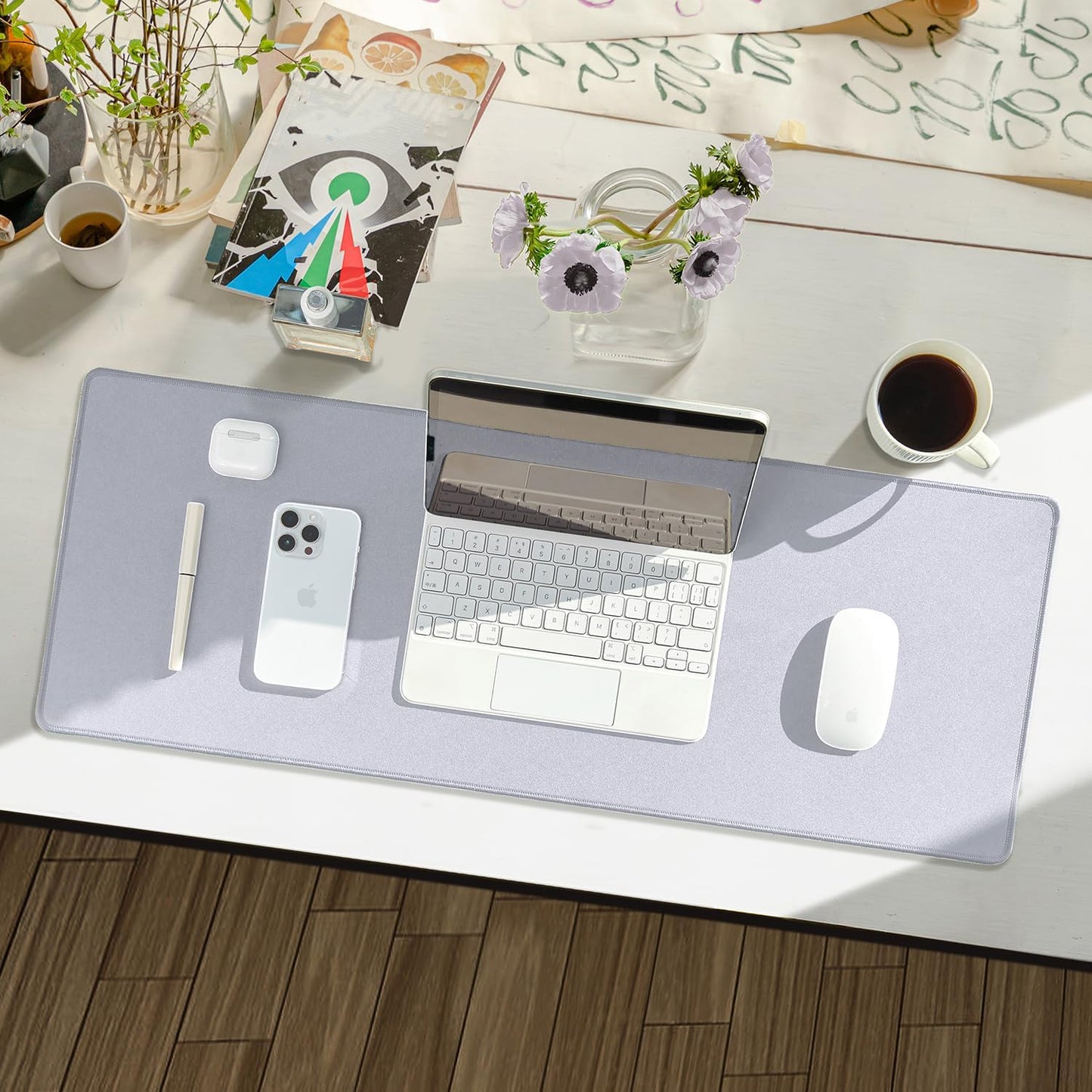 Waterproof Large Gaming Mouse Pad with Durable Stitched Edges, Non-Slip Rubber Base, Grainy Jacquard Mouse Mat Desk Pad for Home Office Gaming, 31.5"x11.8"x0.12", Light Gray
