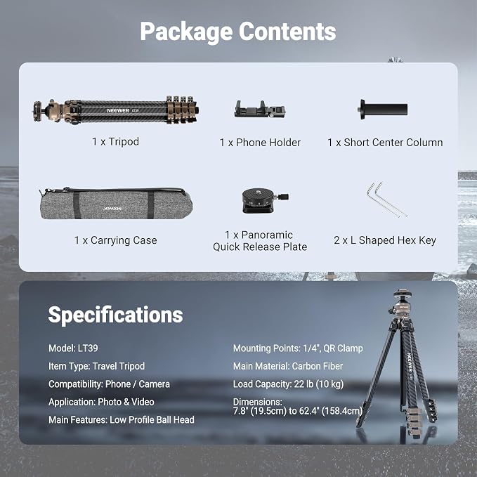 NEEWER LITETRIP Carbon Fiber Travel Tripod - Image 8