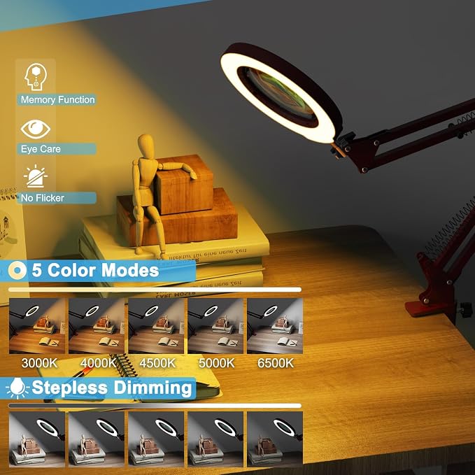 10X Magnifying Glass with Light and Clamp, Real Glass Stand Lighted Magnifier - Image 4
