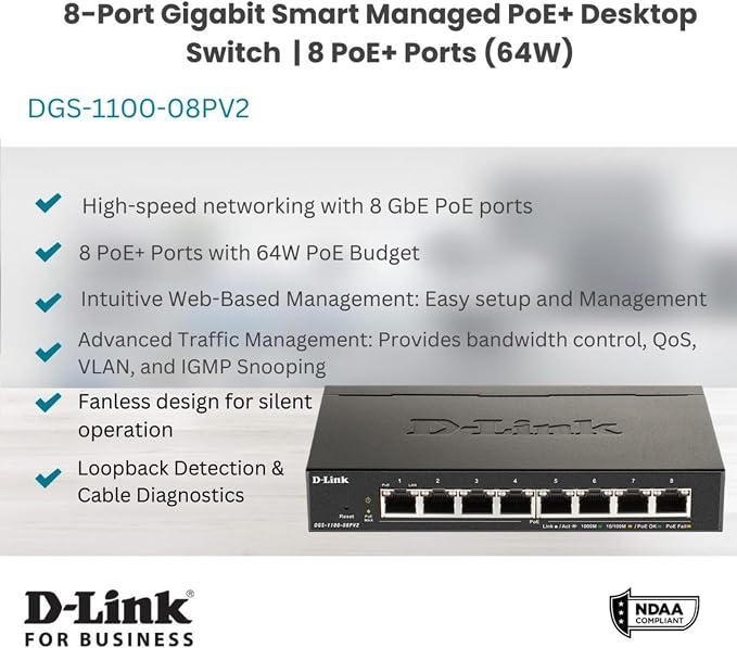 D-Link 8-Port Gigabit Smart Managed PoE+ Ethernet Switch, IGMP Snooping - Image 2