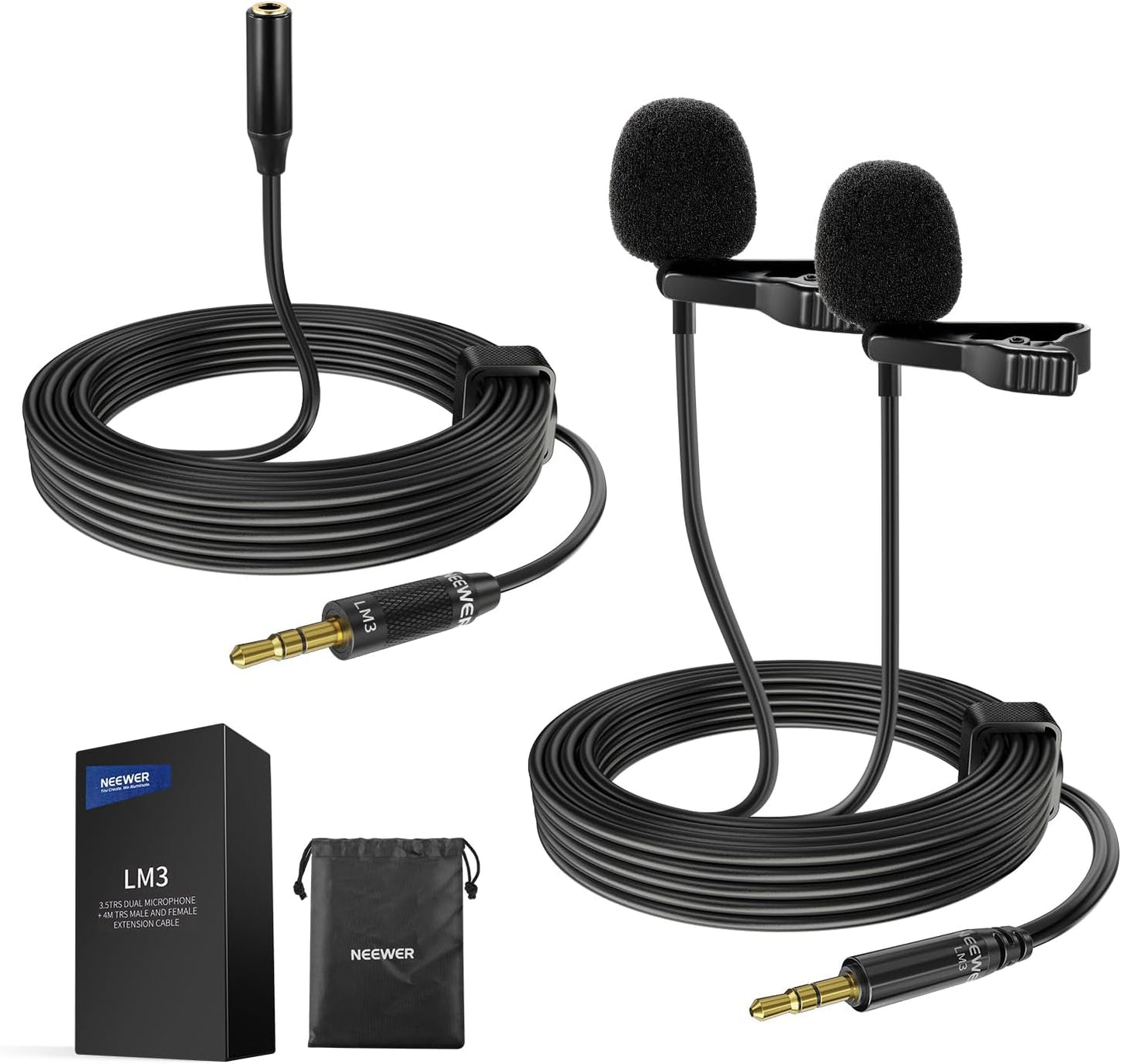 NEEWER 2m Wired Dual Lavalier Microphones with 4m Extension Cable, Mini Clip On Omnidirectional Condenser Lapel Lav Mic 3.5mm TRS for DSLR Mirrorless Camera Camcorder Interview Vlog, LM3