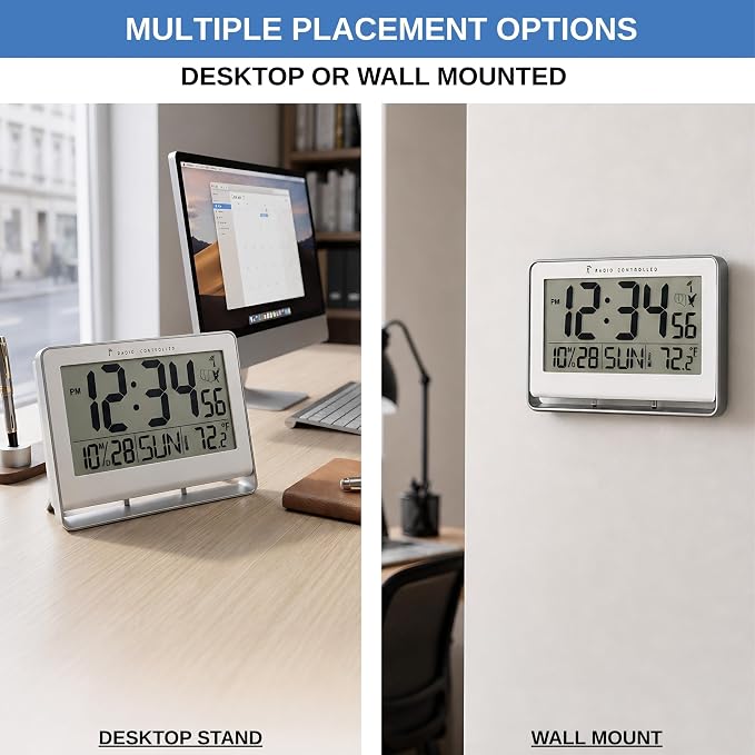 Atomic Digital Wall Clock, Battery-Operated, Large 2" LCD Numbers, Self-Setting - Image 6
