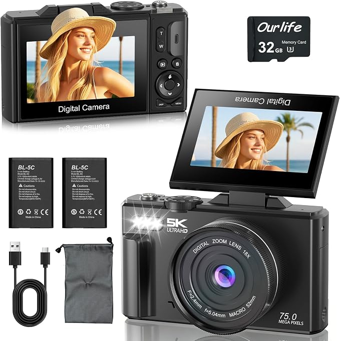 Ourlife Cameras for Photography, 5K 75MP Autofocus Vlogging Camera for YouTube by OurlifeCameraforKids