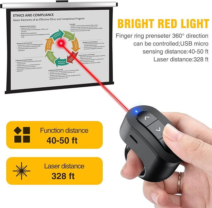 Presentation Clicker USB Rechargeable Powerpoint Clicker, Finger Ring RF 2.4GHz - Image 3