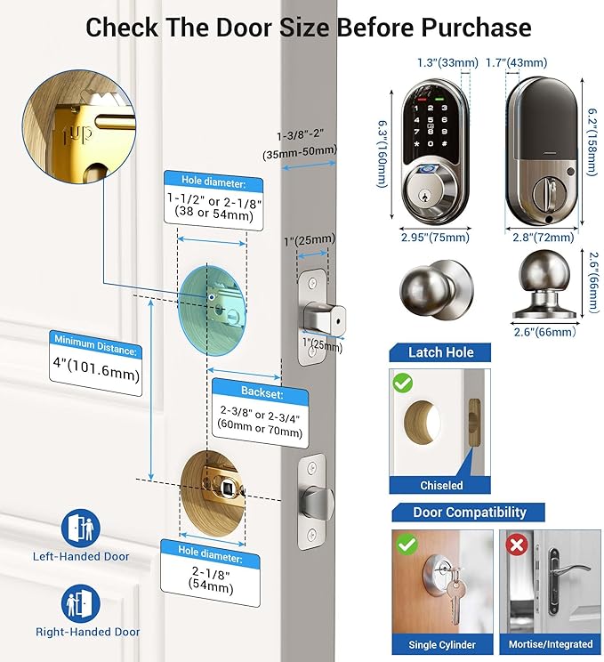 Veise RZ07C Smart Locks for Front Door, 2 Knob Handle Set, Fingerprint Keyless - Image 6