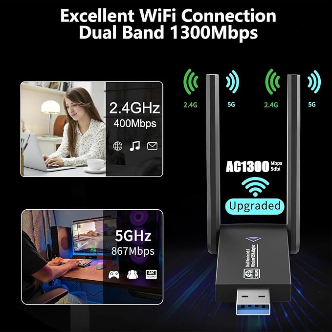 1300Mbps Wireless WiFi Adapter, USB3.0 WiFi Dongle 2.4G/5G 802.11AC Network - Image 2