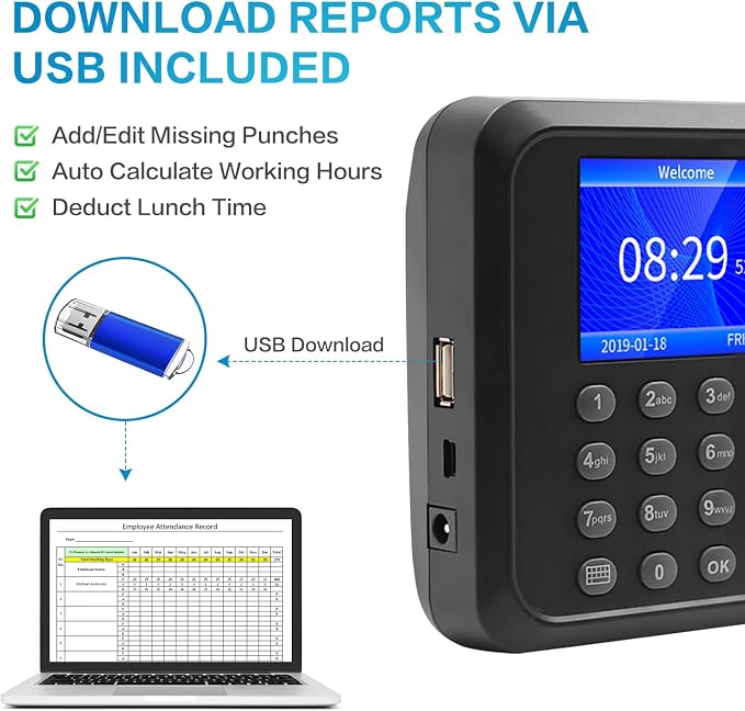 Fingerprints Time Clocks for Employees Small Business, Deduct Lunch Time & - Image 3