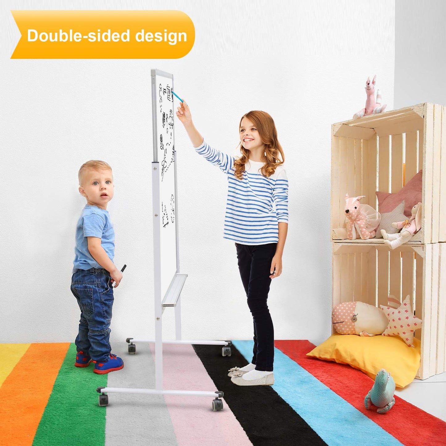 H-Qprobd 24"x36" Dry Erase Board with Stand - Adjustable Height Double Side Mobile Magnetic Rolling Whiteboard on Wheels for Home, Office & School