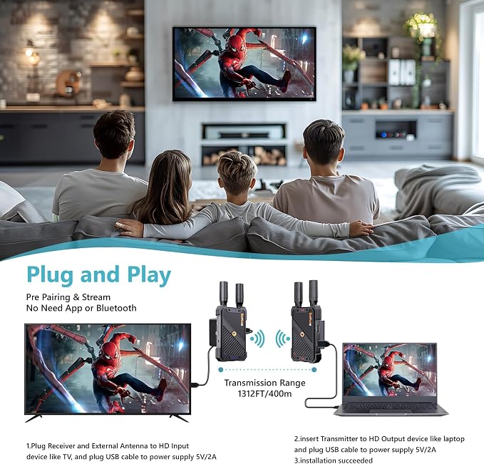 Wireless HDMI Transmitter and Receiver: 1312ft Plug&Play HDMI Wireless Extender - Image 2