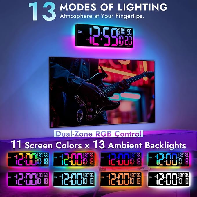 16.5" Large Digital Wall Clock: 13 RGB Night Lights Giant LED Display - Image 2