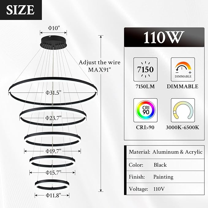 5-Rings D31.5in Modern LED Chandelier Black Dimmable High Ceiling Chandeliers - Image 3
