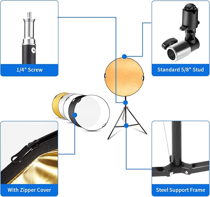 Selens 24inch Photography Reflector Stand Kit, 5-in-1 Collapsible Reflector Disc - Image 3