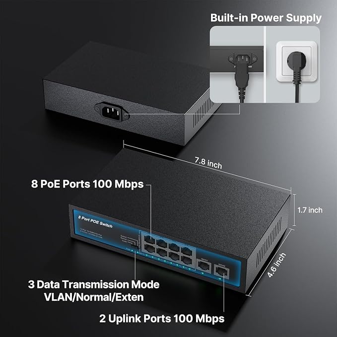 Real HD 10 Port PoE Switch, 8 Ports PoE+ 2 Uplink Unmanaged 100Mbps Switch - Image 2