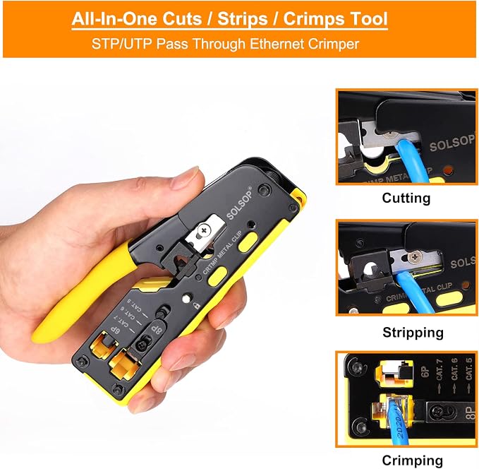 Solsop Pass Through RJ45 Crimp Tool Kit All-in-One Ethernet Crimper Cat7 Cat6 - Image 2