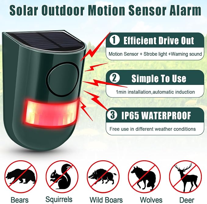 Qualirey Solar Sound and Light Alarm Motion Sensor 129db Outdoor Security Siren - Image 4