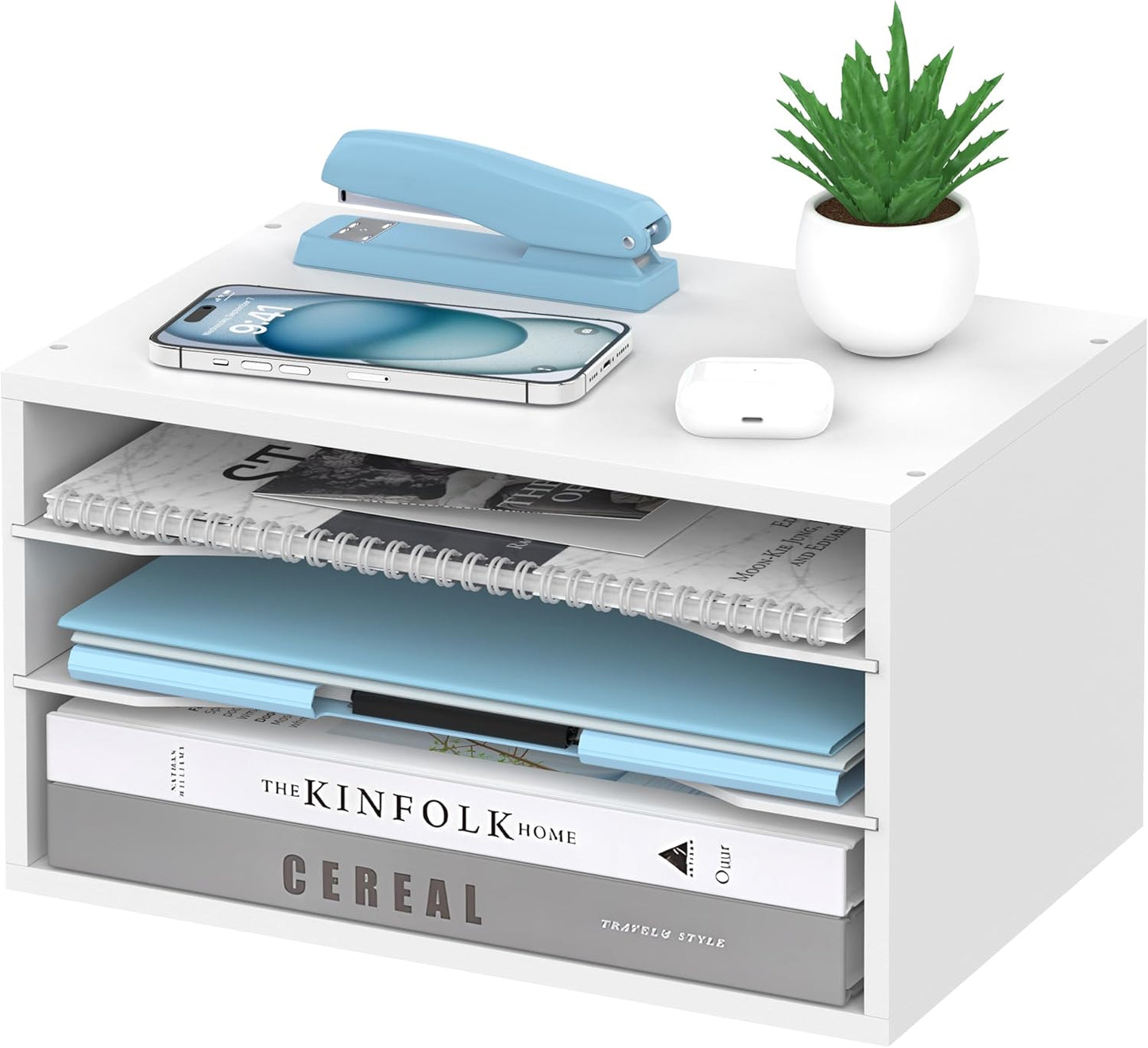 Wood Desk Organizer, 3 Tier Paper Tray Organizer for Desk with Adjustable Storage Shelves, Desktop Paper Sorter Mail Holder for Office Home Classroom, White
