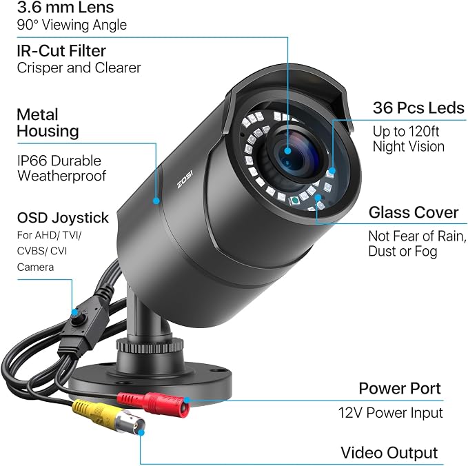 ZOSI 1080P HD 1920TVL Hybrid 4-in-1 TVI/CVI/AHD/960H CVBS CCTV Surveillance - Image 8