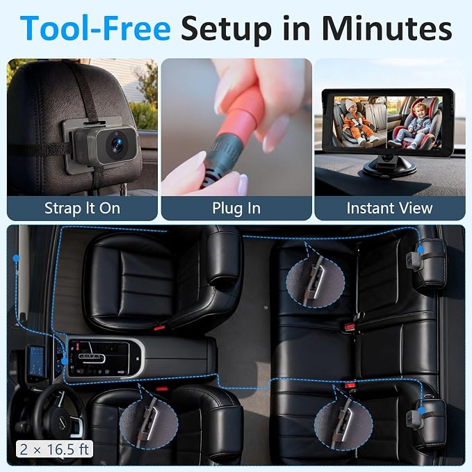 HD 1080P Baby Car Camera for 2 Kids: 5-Min Install for New Parents 6.9" Split - Image 5