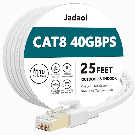 Jadaol Cat 8 Ethernet Cable 25 ft, 40Gbps 2000MHz Flat RJ45 S/FTP LAN Patch by Jadaol