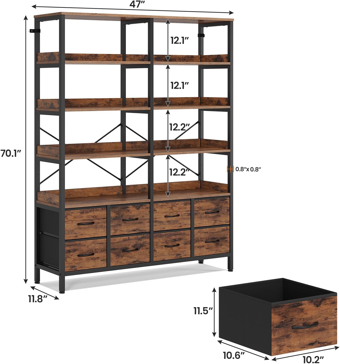 Bookshelf with 8 Fabric Drawers, 7-Tier Bookcase with Baffles Display Shelves, Industrial Large Book Shelf for Living Room Home Office, Rustic Brown