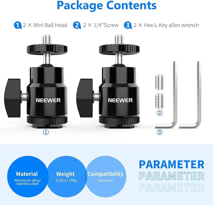 Neewer Mini Ball Head with Cold Shoe & 1/4” Screw, 2 Pack, 360° Swivel 90° Tilt - Image 5