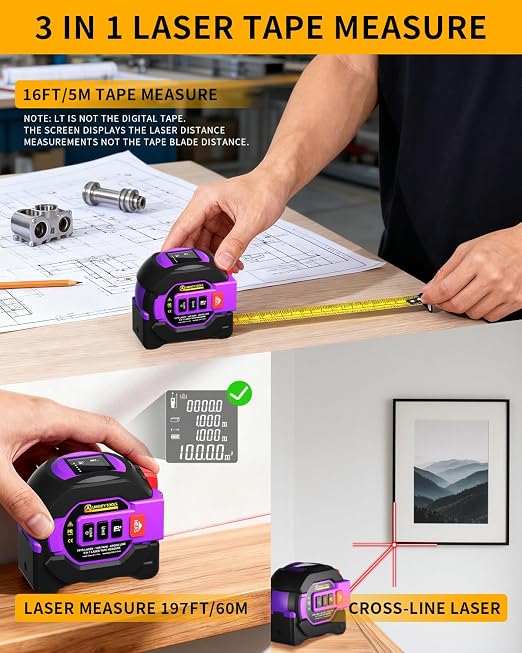 3 in 1 Digital Laser Tape Measure, 197ft/60m Laser Distance Meter, 16ft/5m - Image 2