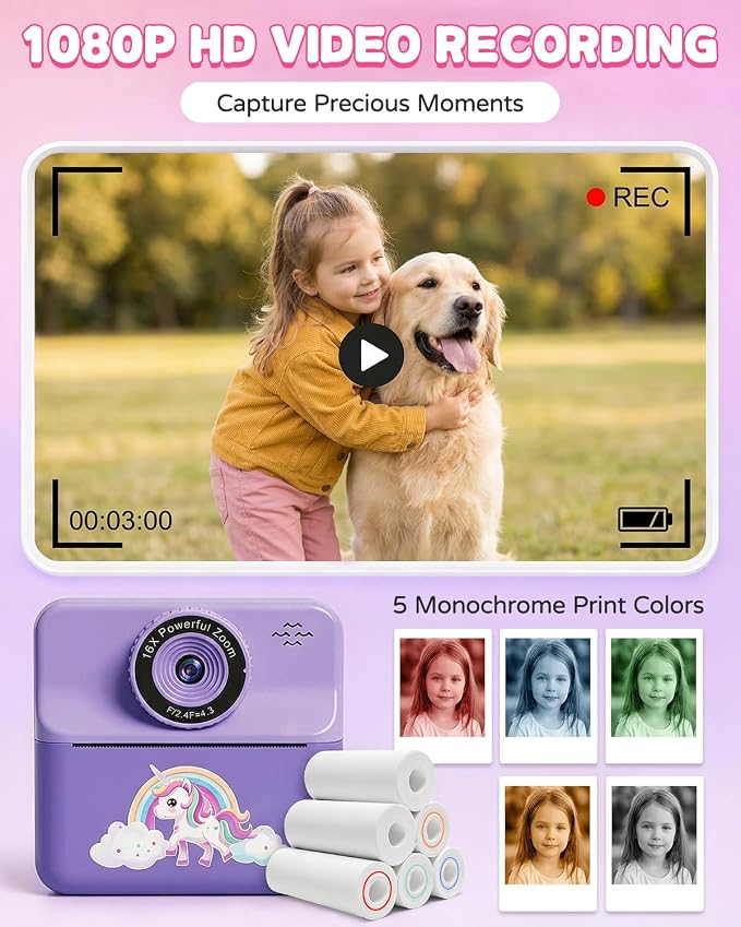Kids Camera Instant Print with Carrying Case, Digital Selfie Camera with 6 - Image 4