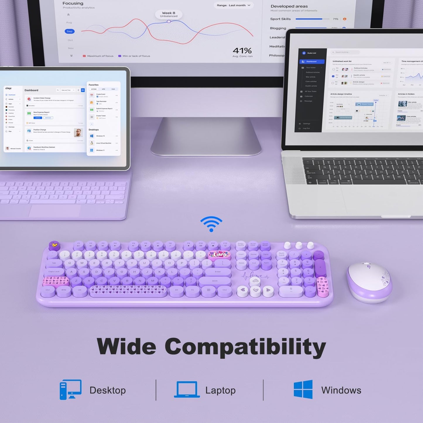 Wireless Keyboard and Mouse Combo, Full Size Retro Keyboard with Number Pad and 2 in 1 USB Connected Mouse for Windows 7/8/10, Laptop, Desktop, PC, Computer (Purple Colorful)