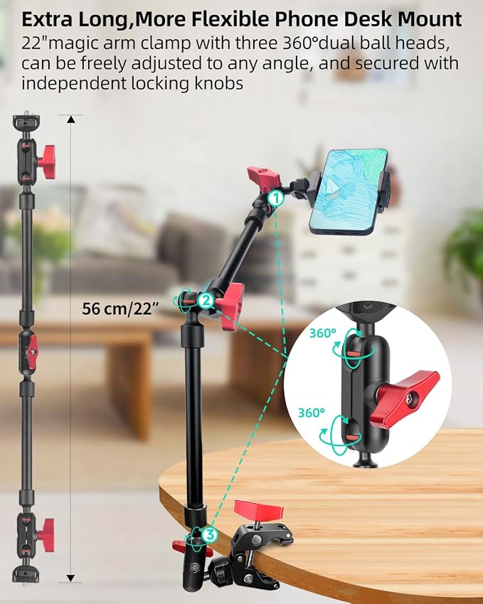 22" Magic Arm w Clamp Mount, Overhead Desk Phone Mount Stand, Adjustable - Image 3