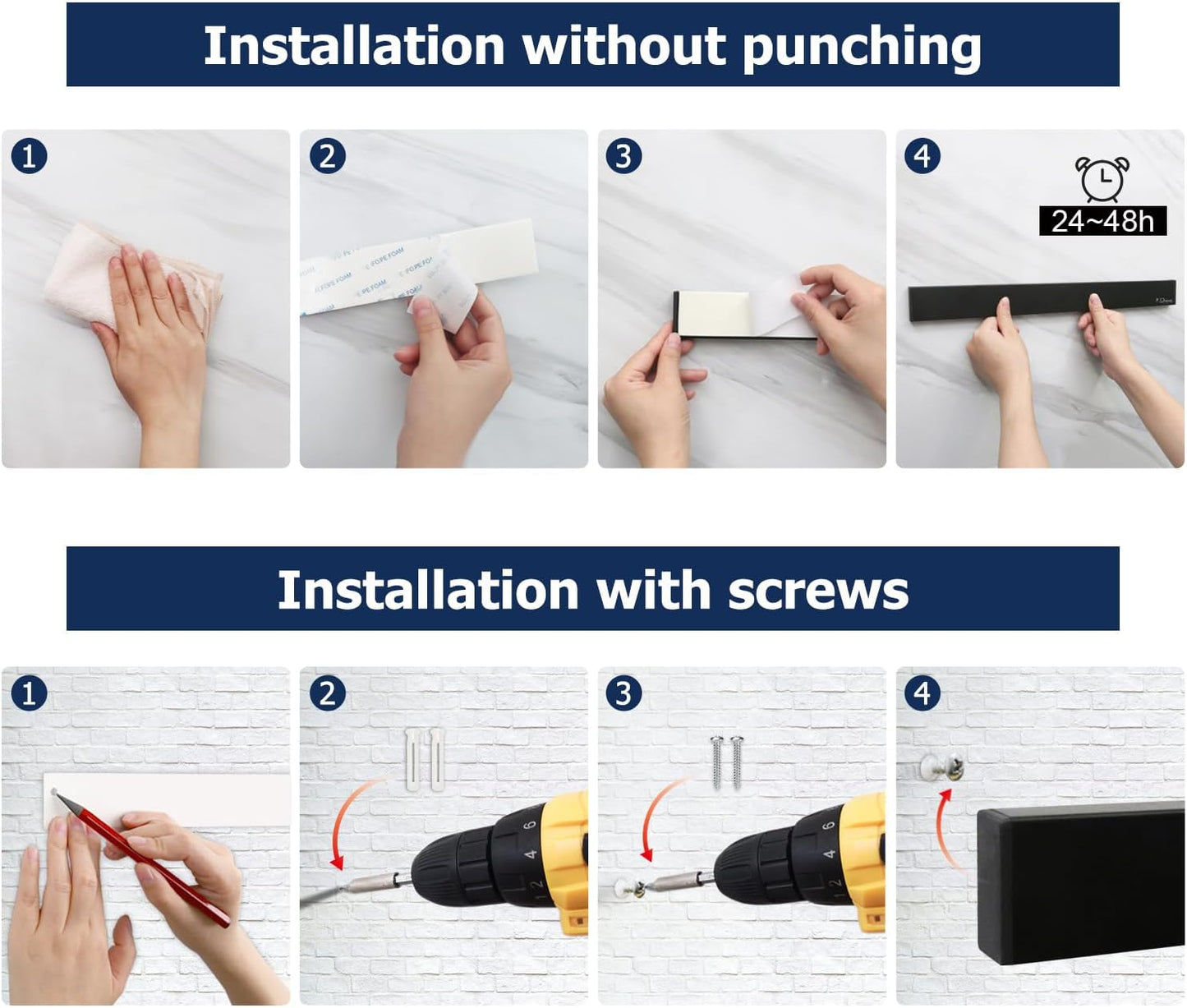 Dmore magnetic knife holder for wall—with 4 hooks, No Drilling 20 Inch black knife magnetic strip, Powerful knife magnet rack, include Adhesive Tape and screws for Knives, Utensils, and Tools