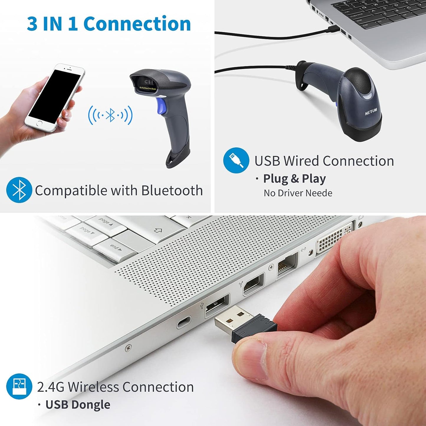 NETUM Wireless 2D QR Barcode Scanner Bluetooth with Stand, 3 in 1 Automatic Bar Code Imager Reader Handhold Scanner Gun Compatible for Laptops, Computers, Cashier, POS -M8S