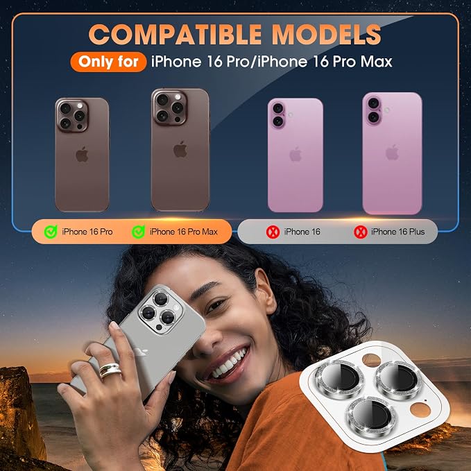 for iPhone 16 Pro/16 Pro Max Camera Lens Protector Bling Individual Metal - Image 5