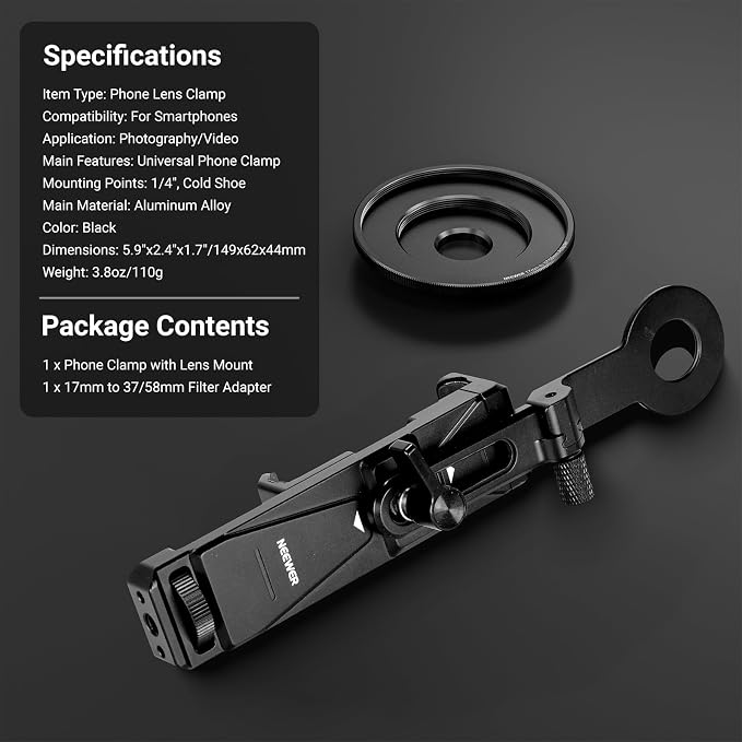 NEEWER Phone Holder with 17mm Phone Adapter & 17–37/58mm Filter Ring, Universal - Image 9