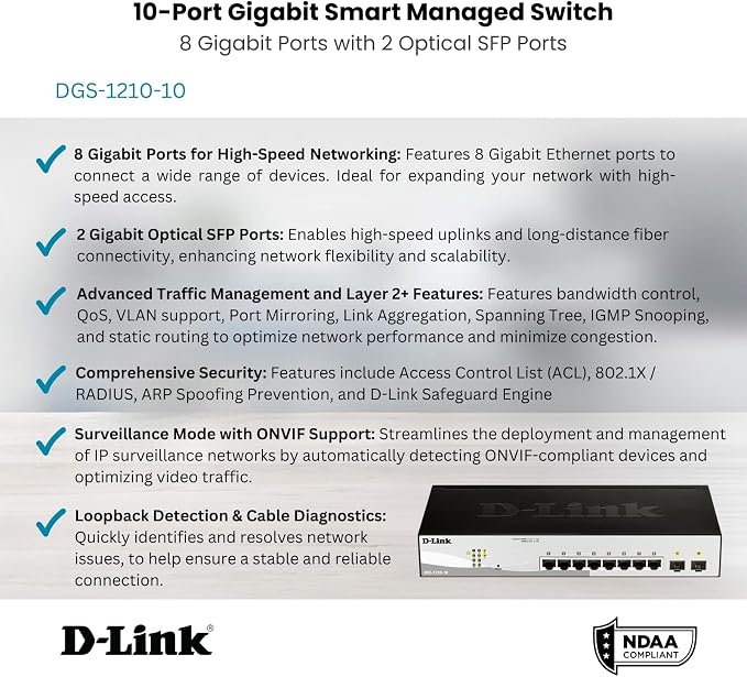D-Link 10-Port Gigabit Smart Managed Switch | 8 GbE + 2 SFP Ports | L2+ | VLANs - Image 2